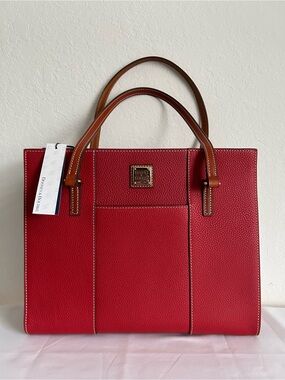 Dooney & Bourke Red Pebbled Leather Tote with Brown Handles